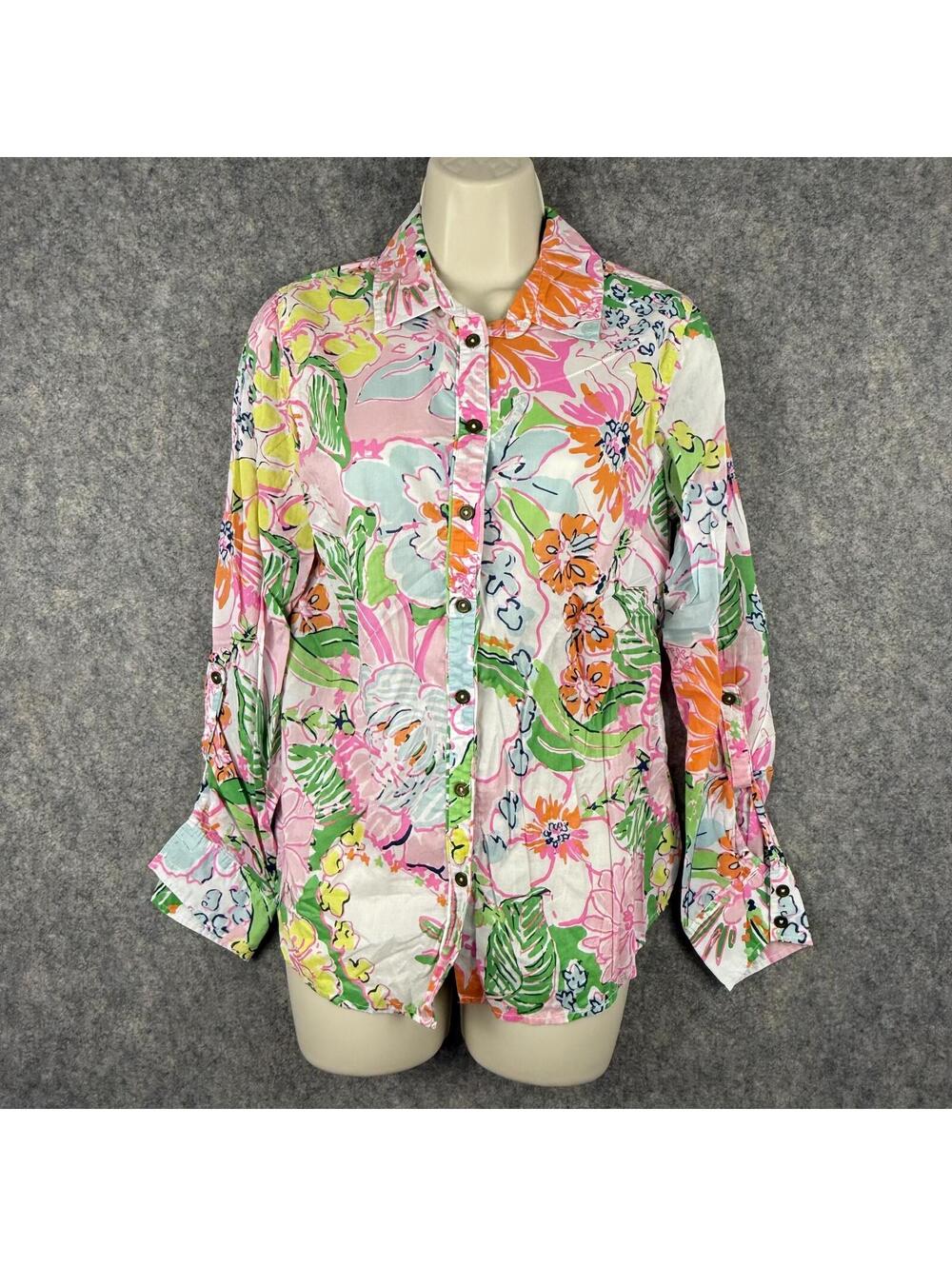 Lilly Pulitzer Long Sleeve Button Front Shirt Pink Blue Green Floral Small 629